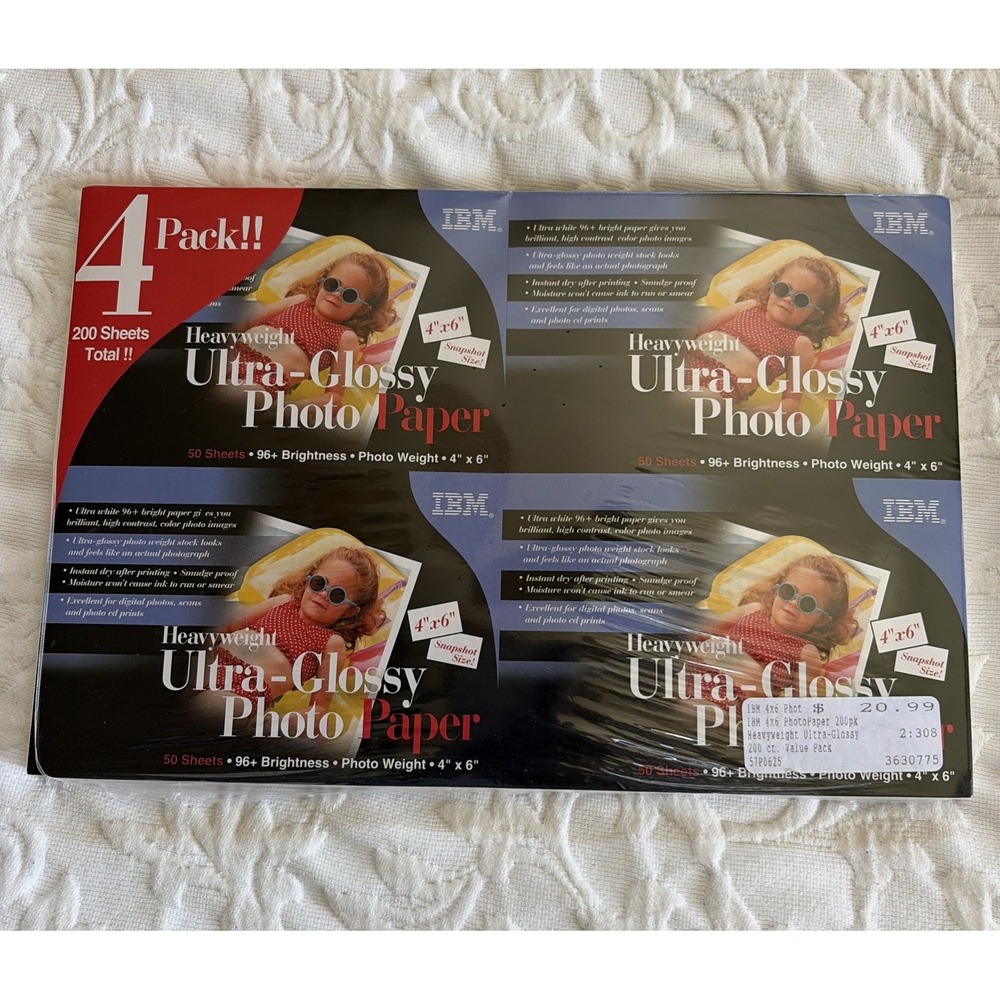 IBM Heavyweight Ultra-Glossy Photo Paper New 200 sheets  4 Packs 4"X6" 57P0625